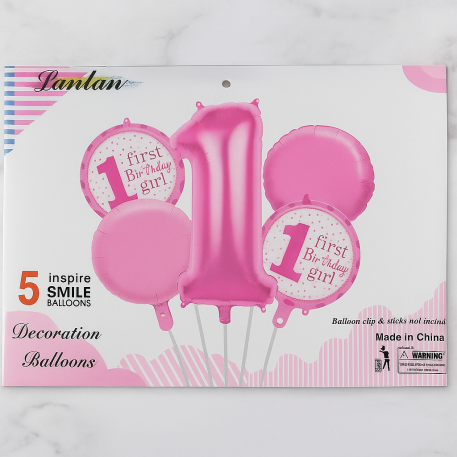 KIT GLOBOS PRIMER AÑO ROSA 5 PIEZAS