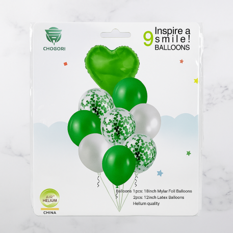 SET 9 GLOBOS CORAZON/LATEX/CONFETTI VERDE Y BLANCO