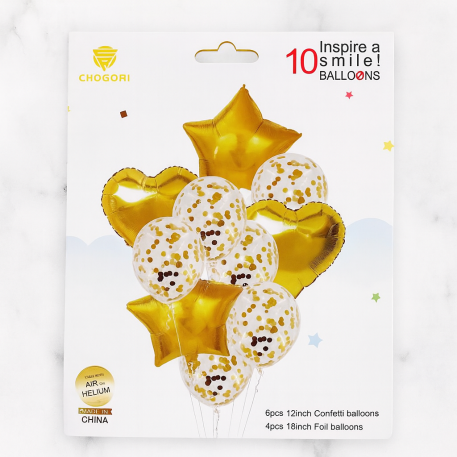 SET 10 GLOBOS DORADO (4 MYLAR+6 CONFETTI)