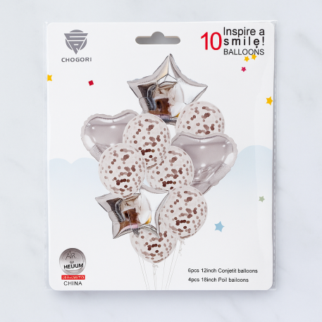 SET 10 GLOBOS PLATA (4 MYLAR+6 CONFETTI)